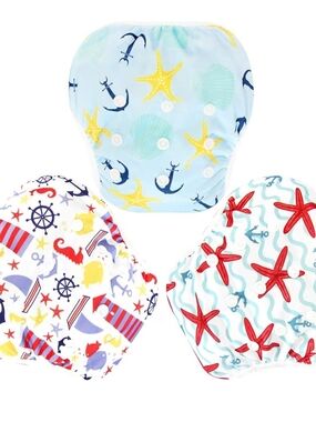 Sea-Themed Reusable Kids Swim Diaper Covers - Blue, White & Aqua (3-Pack)